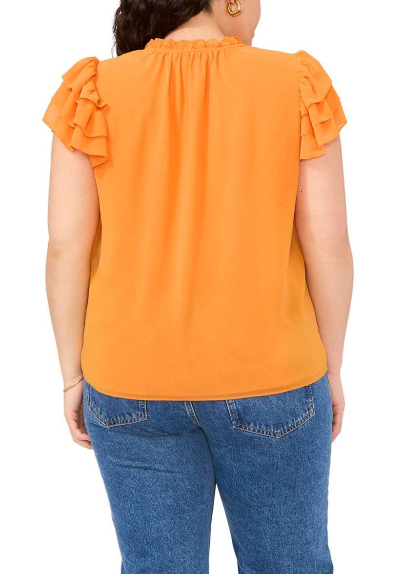 Plus Size Flutter Sleeve Tie Neck Top