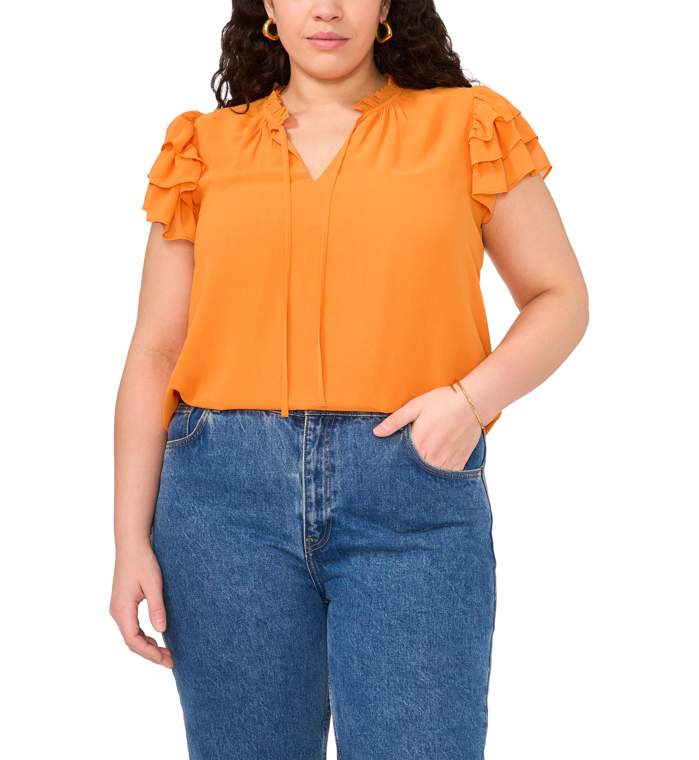 Plus Size Flutter Sleeve Tie Neck Top