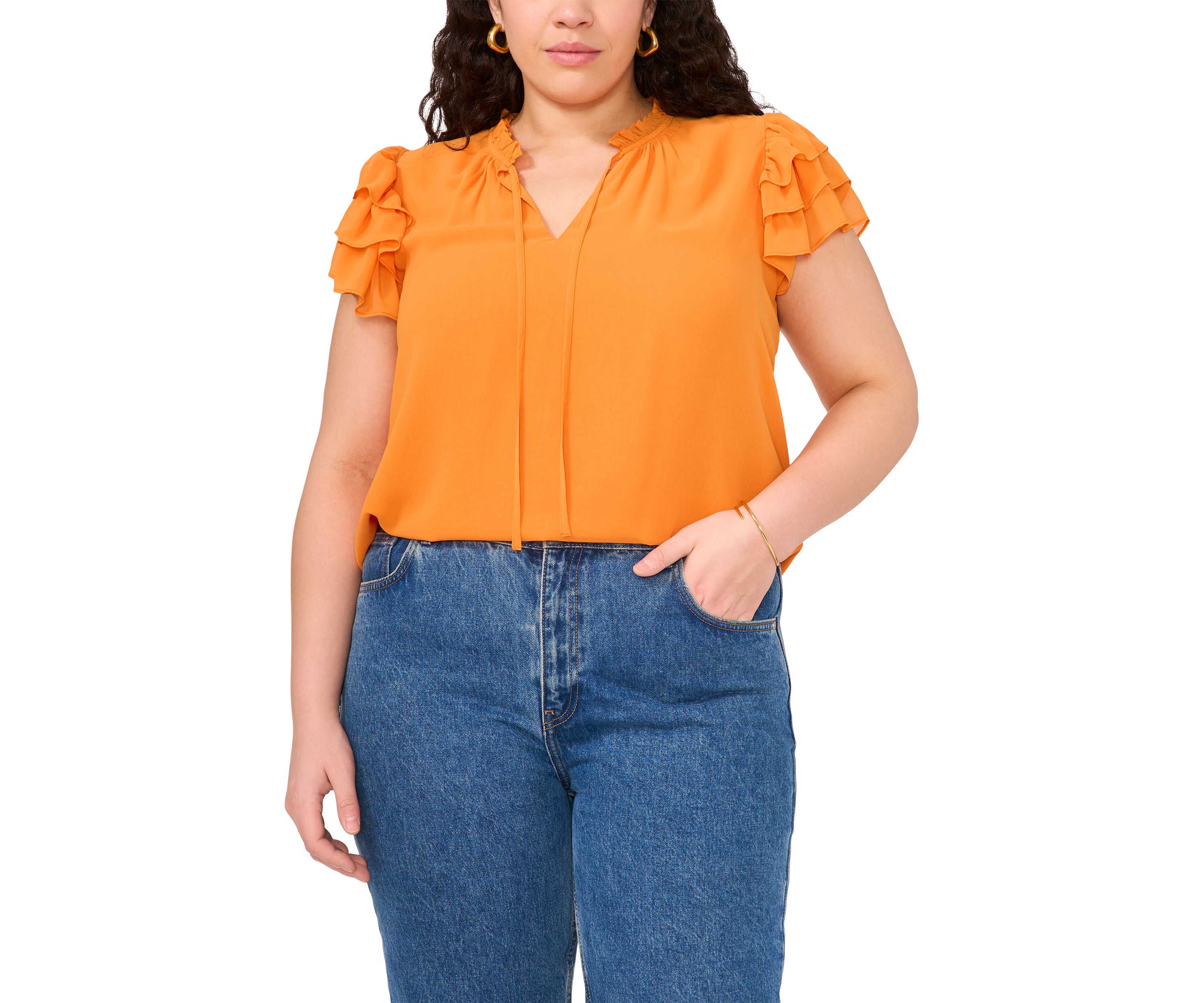 Plus Size Flutter Sleeve Tie Neck Top