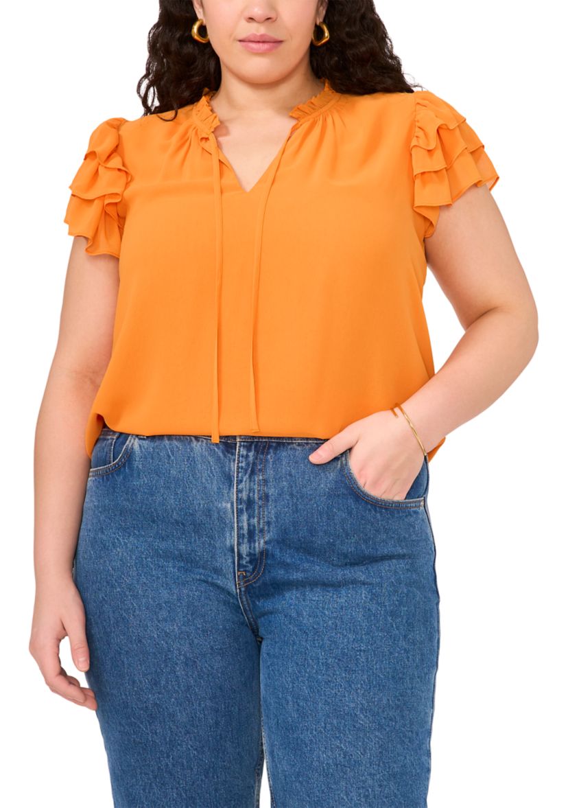 Plus Size Flutter Sleeve Tie Neck Top
