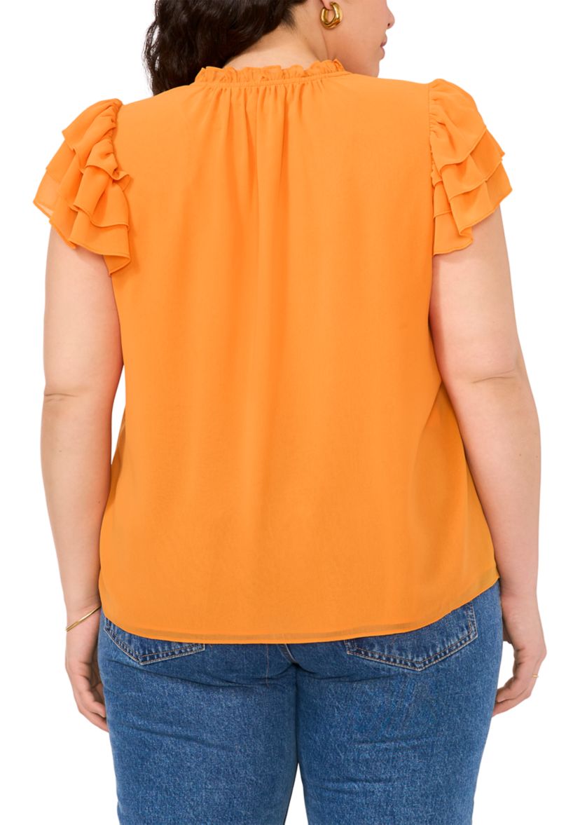 Plus Size Flutter Sleeve Tie Neck Top