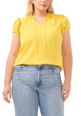 Plus Short Sleeve V-Neck Tie Woven Top