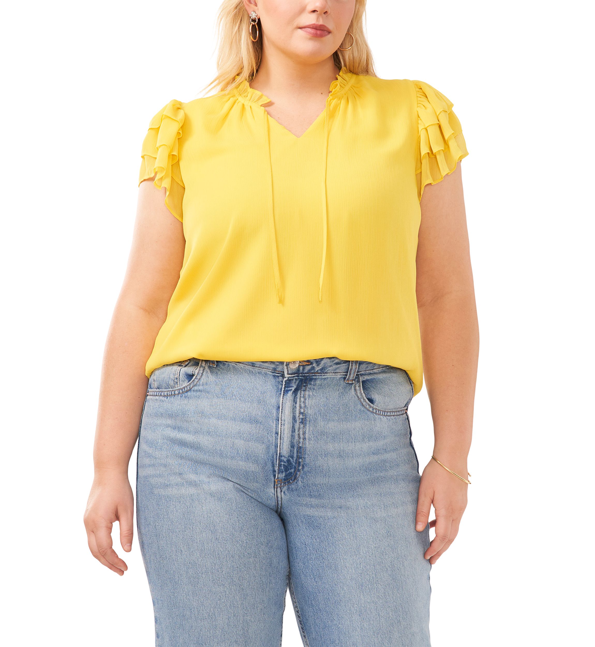Plus Size Short Sleeve V-Neck Tie Woven Top
