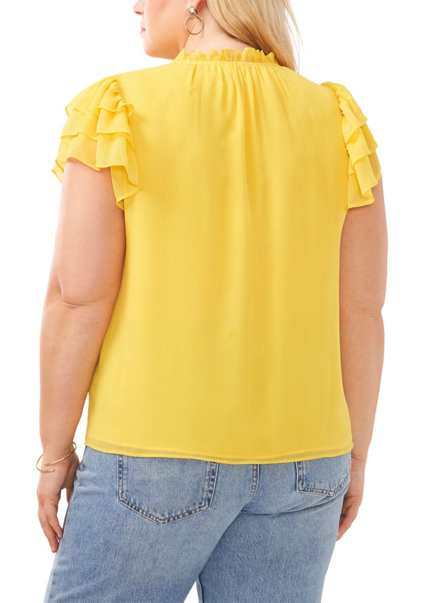 Plus Size Short Sleeve V-Neck Tie Woven Top