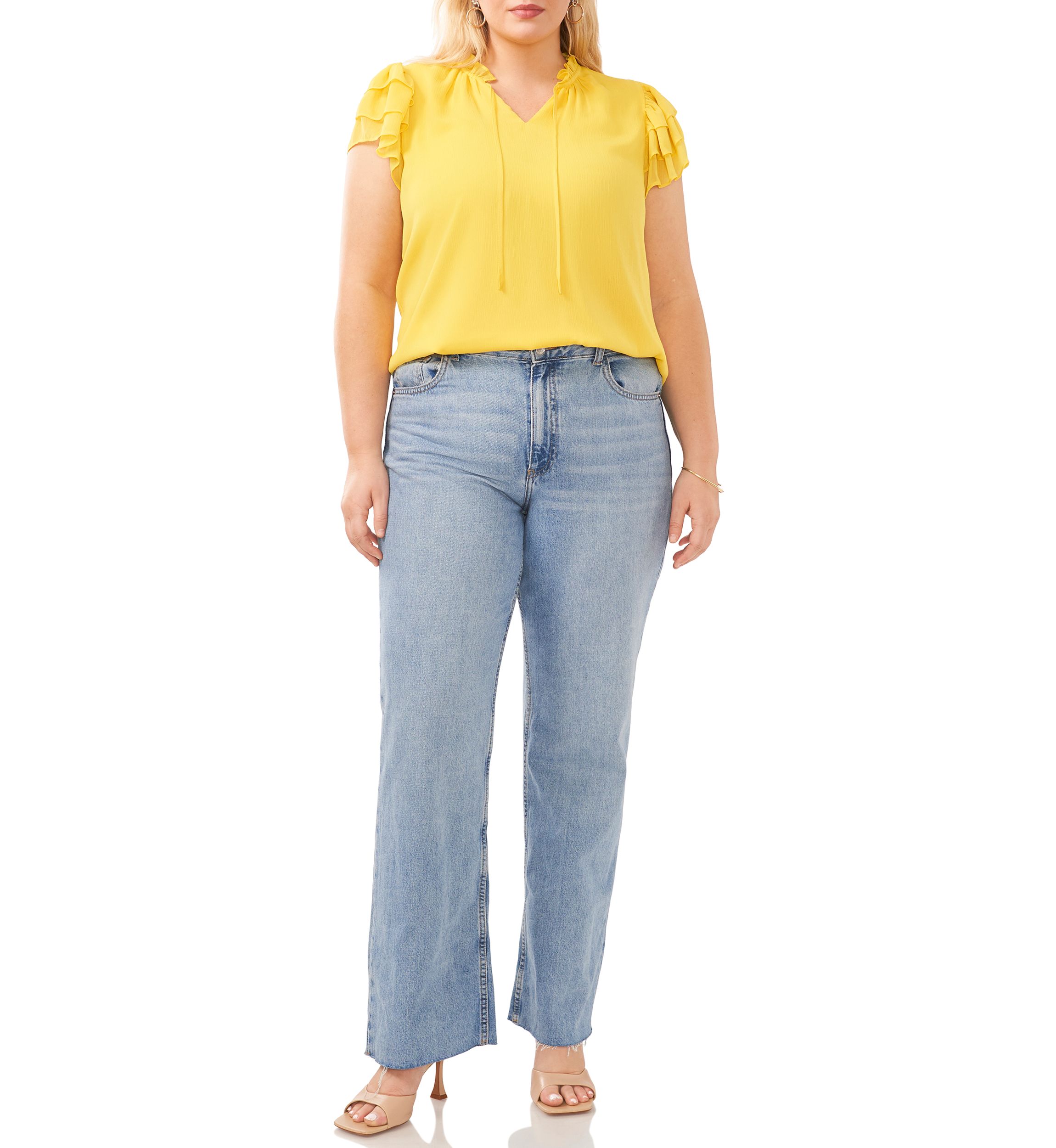 Plus Size Short Sleeve V-Neck Tie Woven Top
