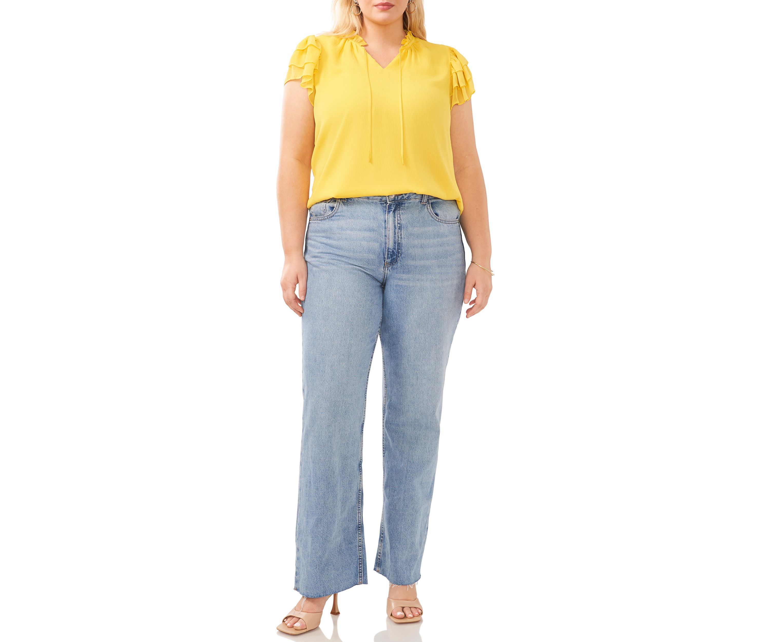 Plus Size Short Sleeve V-Neck Tie Woven Top