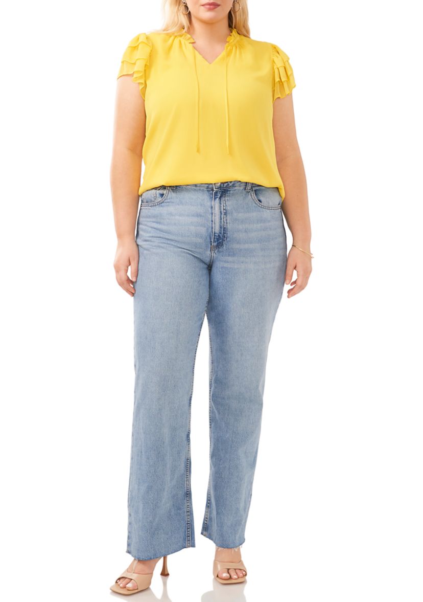 Plus Size Short Sleeve V-Neck Tie Woven Top