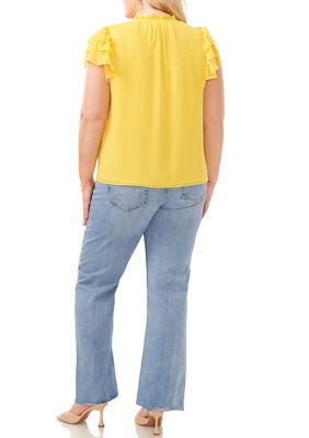 Plus Short Sleeve V-Neck Tie Woven Top