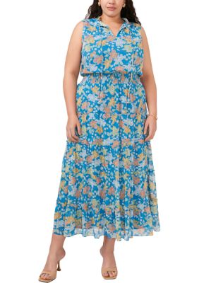 Plus Sleeveless Printed Tie Neck Maxi Dress