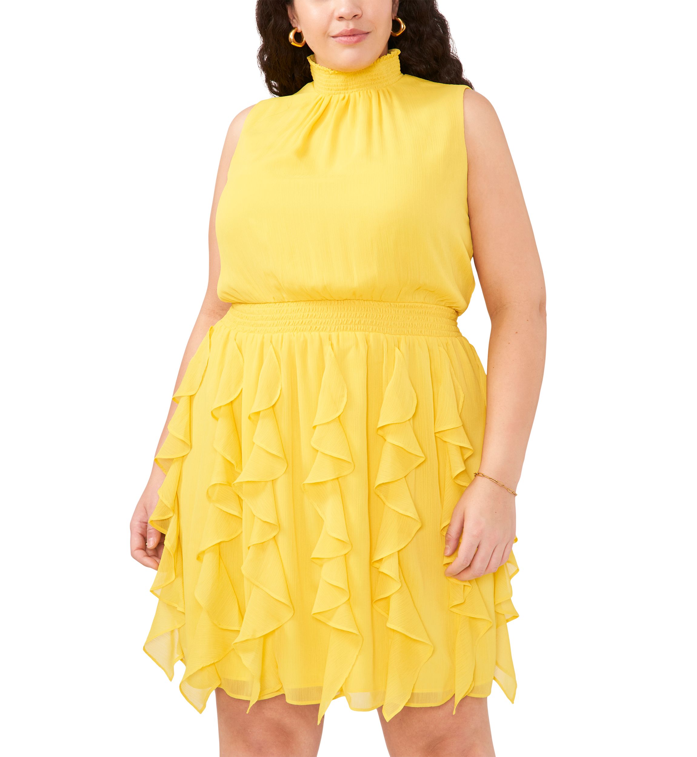 Plus Size Sleeveless Mock Neck Smock Waist Mini Dress