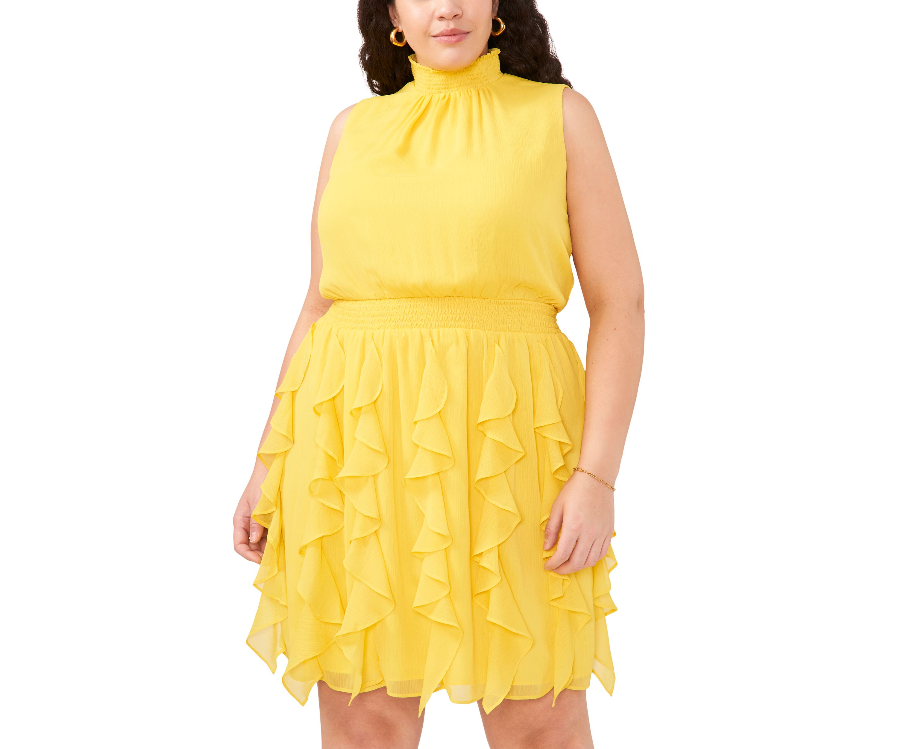Plus Size Sleeveless Mock Neck Smock Waist Mini Dress