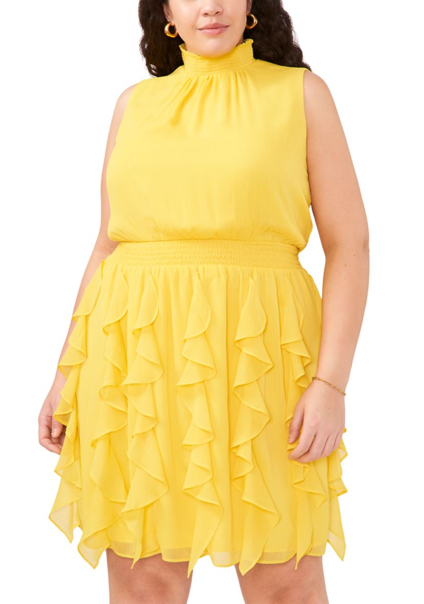 Plus Size Sleeveless Mock Neck Smock Waist Mini Dress