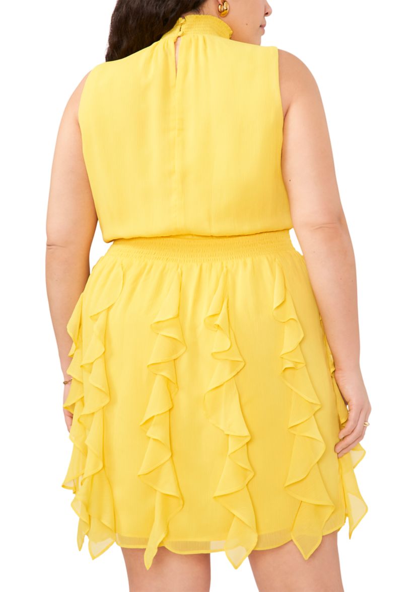 Plus Size Sleeveless Mock Neck Smock Waist Mini Dress