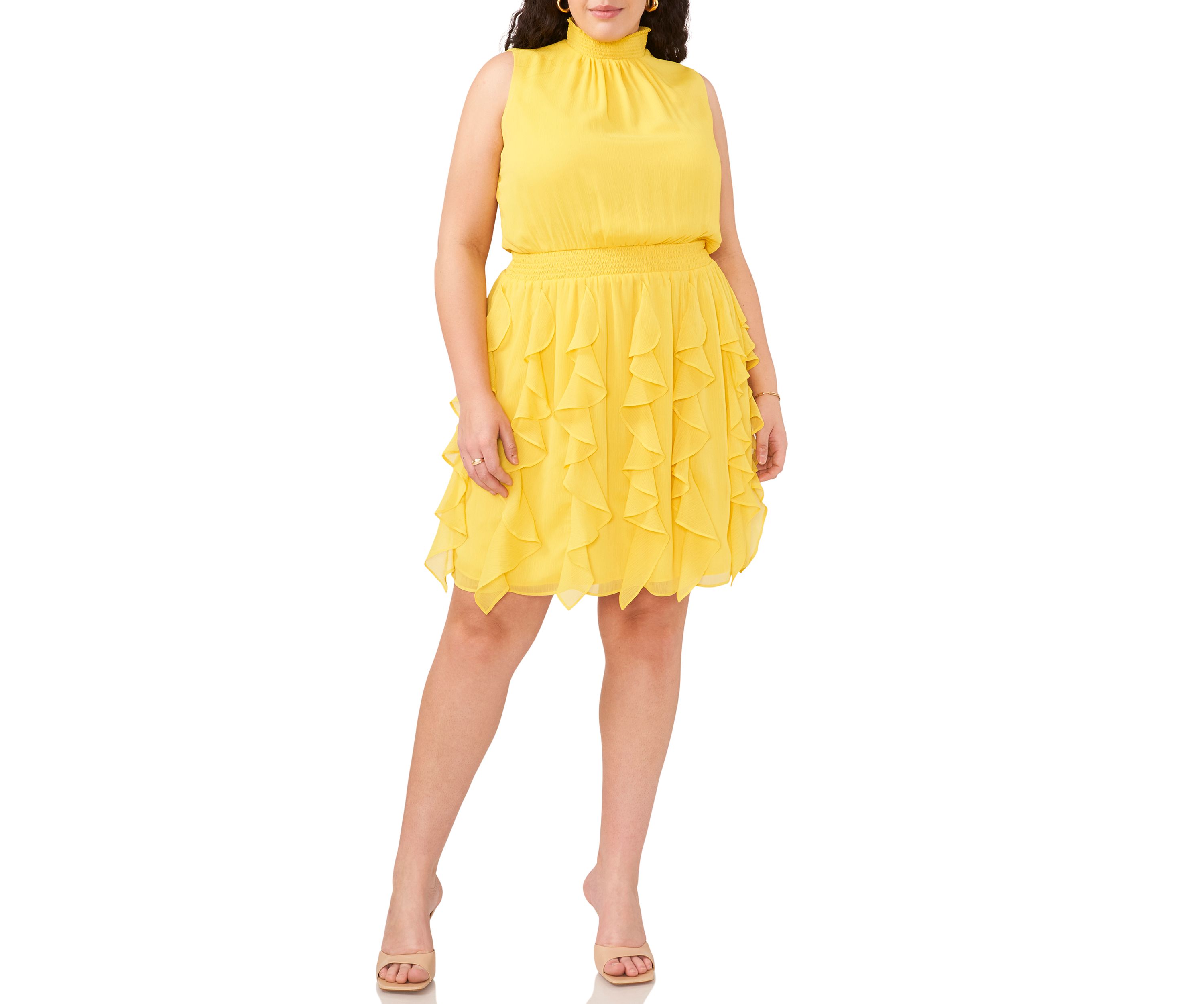 Plus Size Sleeveless Mock Neck Smock Waist Mini Dress