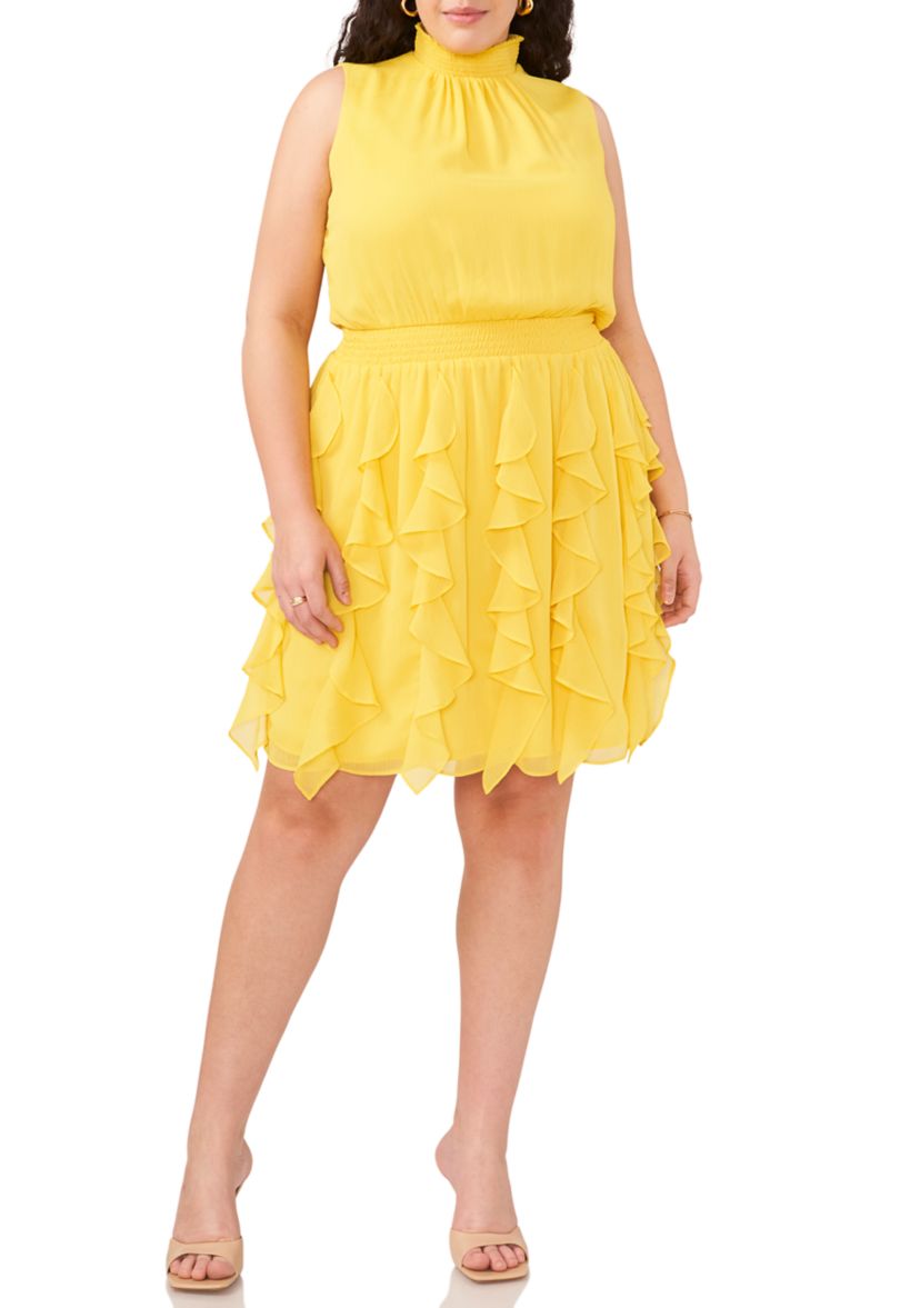 Plus Size Sleeveless Mock Neck Smock Waist Mini Dress
