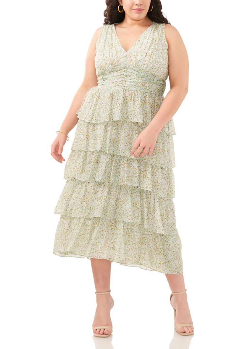 Plus Size Sleeveless Cascading Ruffle Midi Dress
