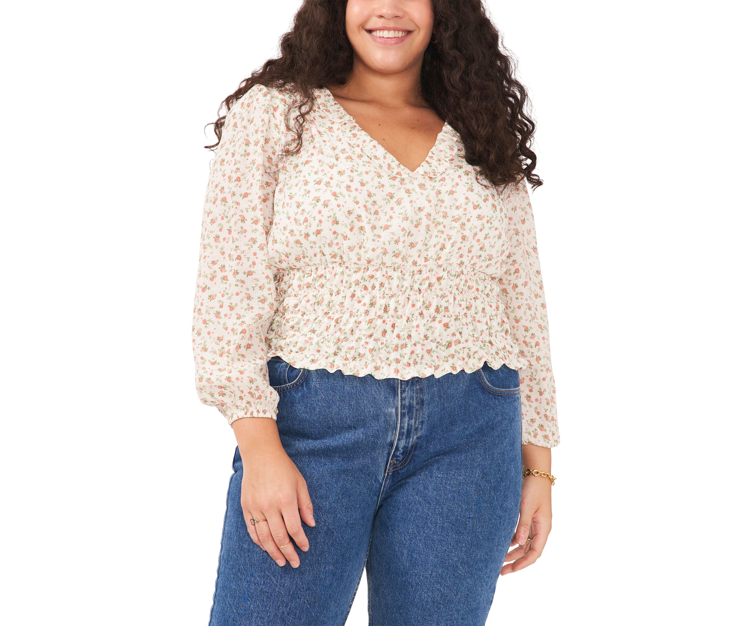 Plus Size Long Sleeve V-Neck Blouse with Elastic Waist