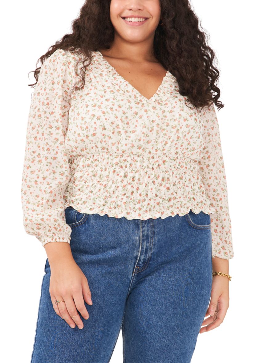 Plus Size Long Sleeve V-Neck Blouse with Elastic Waist