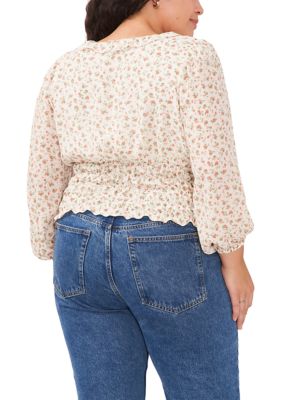 Plus Long Sleeve V-Neck Blouse with Elastic Waist