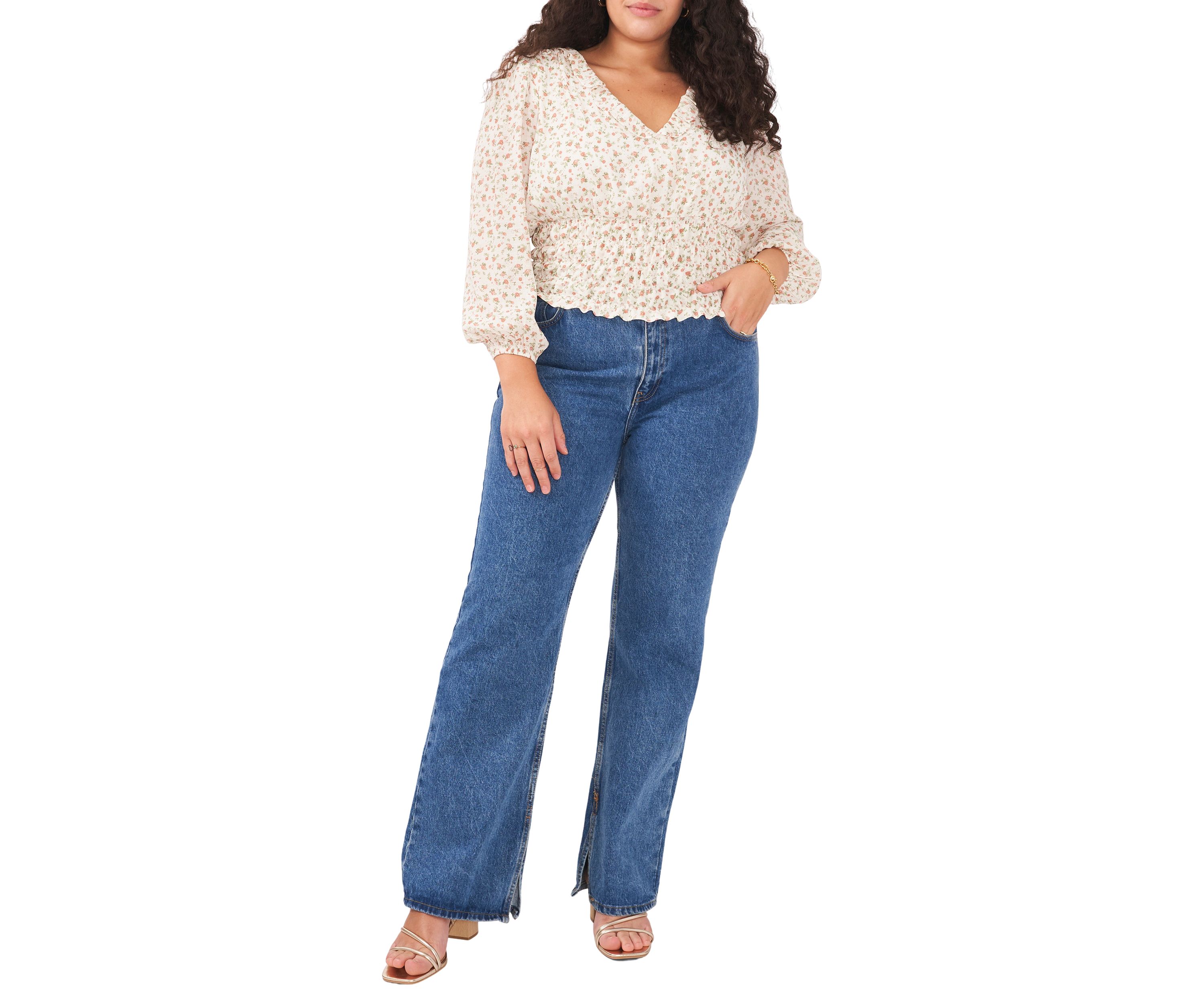 Plus Size Long Sleeve V-Neck Blouse with Elastic Waist
