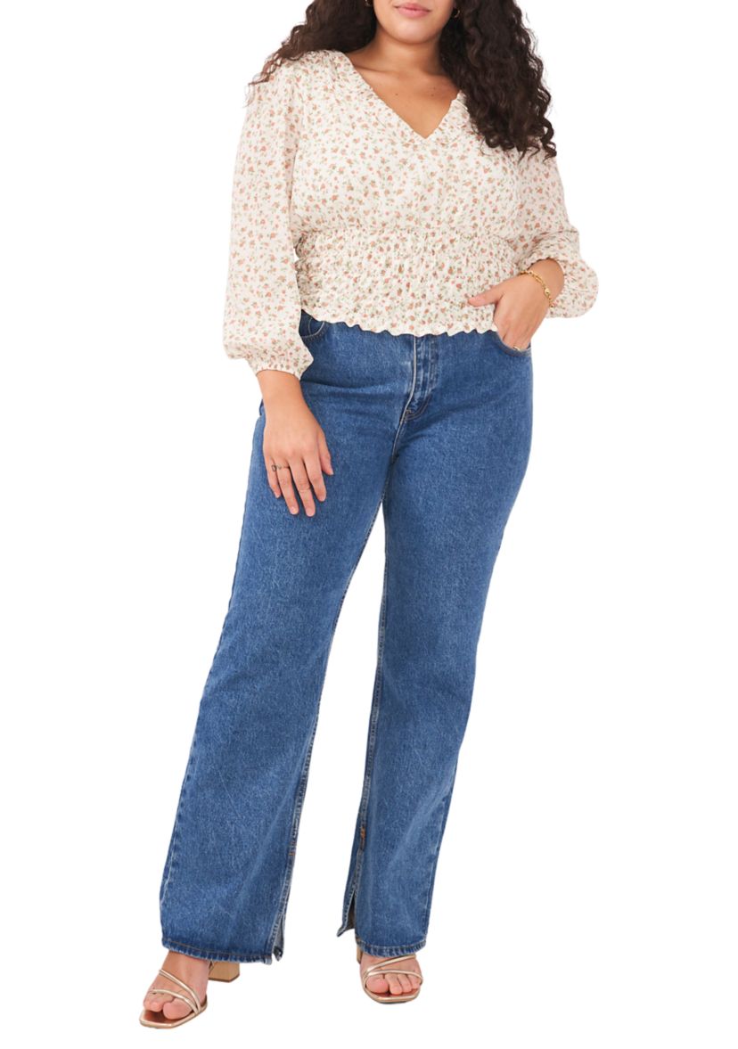 Plus Size Long Sleeve V-Neck Blouse with Elastic Waist