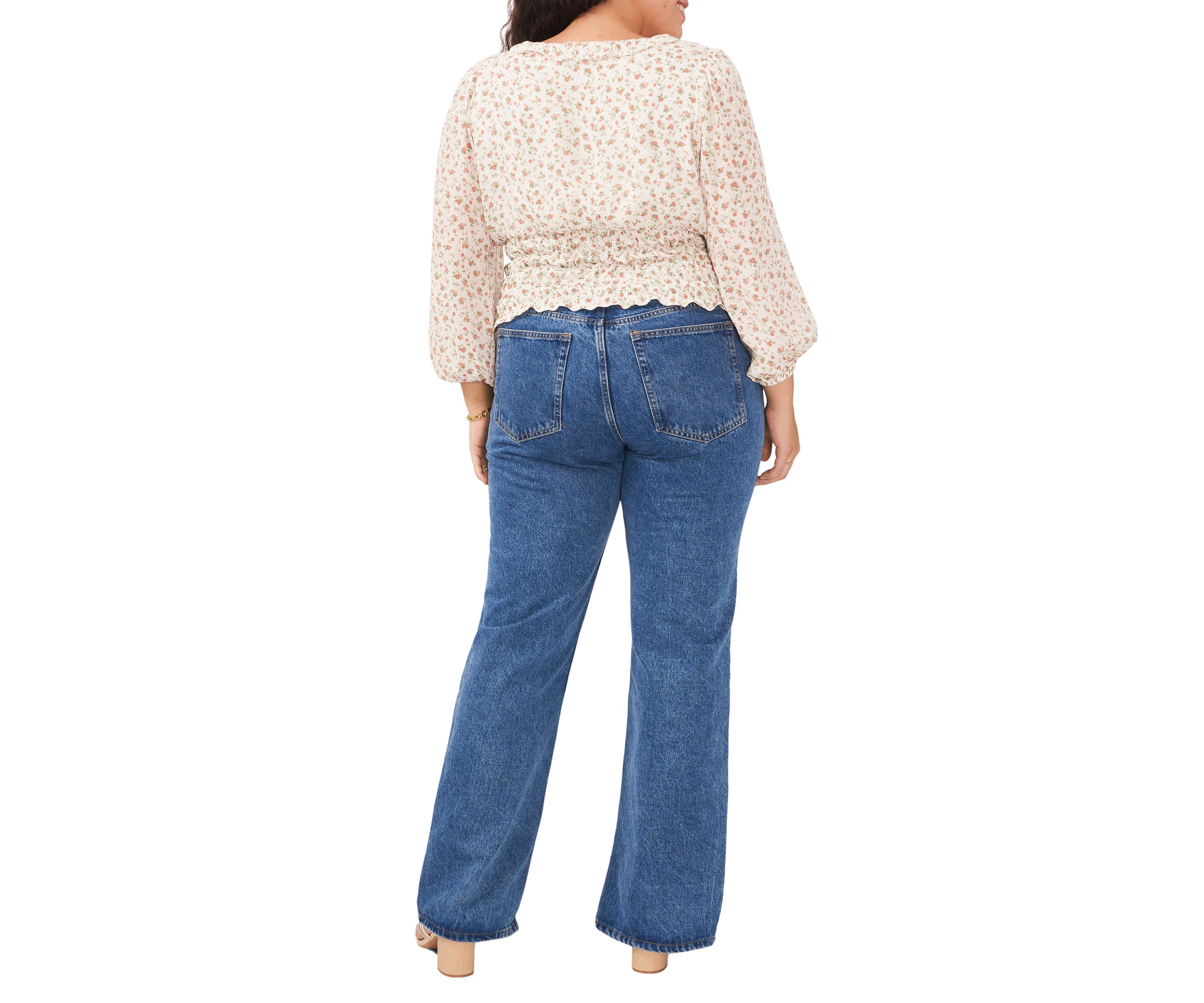 Plus Size Long Sleeve V-Neck Blouse with Elastic Waist