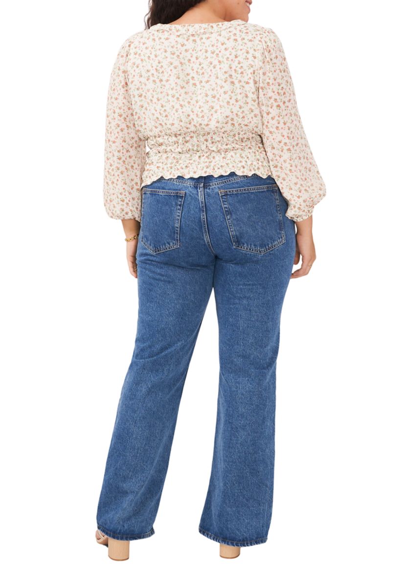 Plus Size Long Sleeve V-Neck Blouse with Elastic Waist