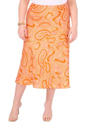 1.State Women's Plus Size Paisley Printed Midi Skirt, Orange, 20W