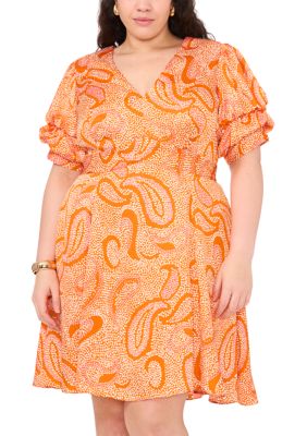 1.State Women's Plus Size Paisley Printed Puff Sleeve V-Neck Mini Dress, Orange, 2X