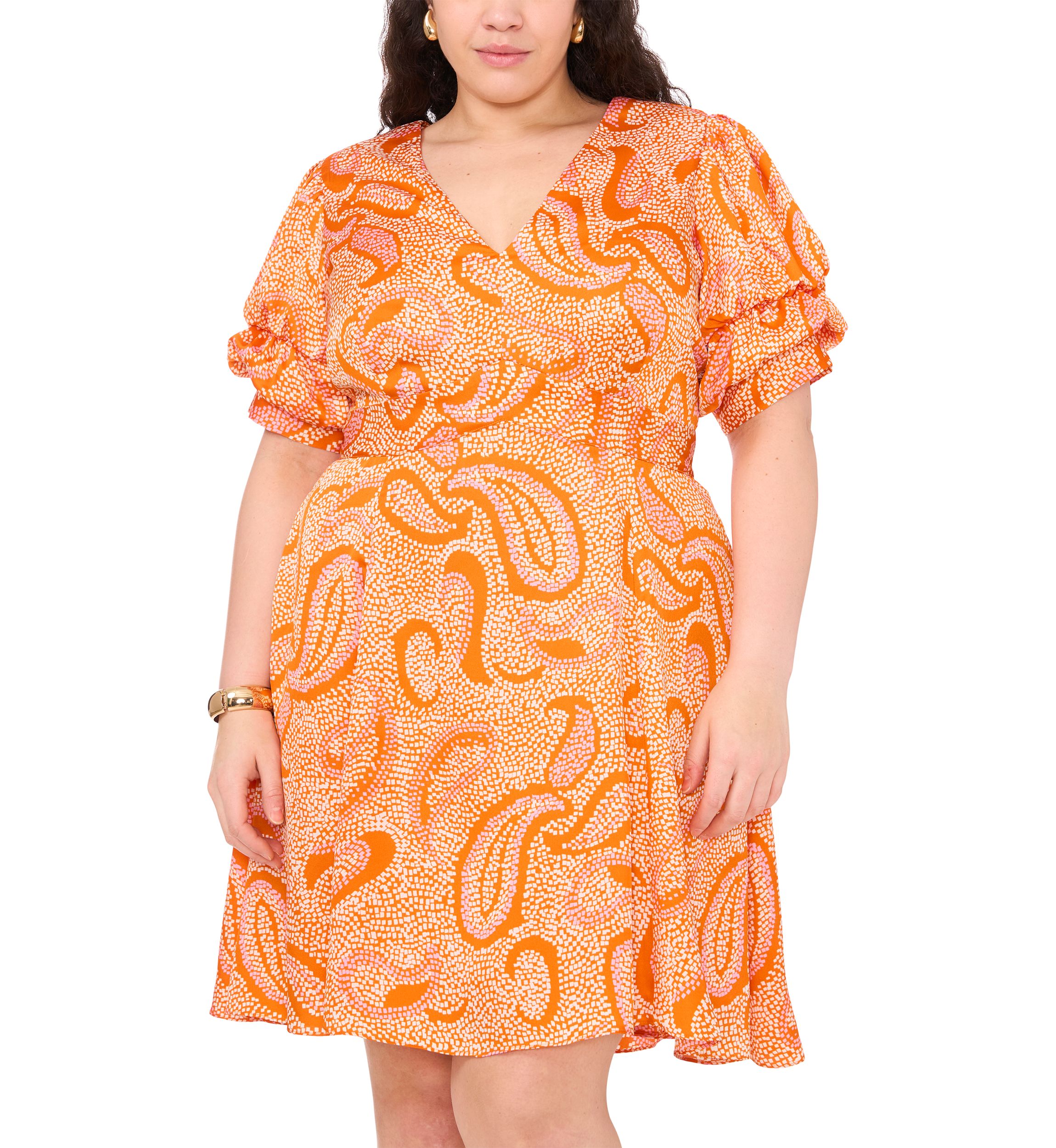 Plus Size Paisley Printed Puff Sleeve V-Neck Mini Dress