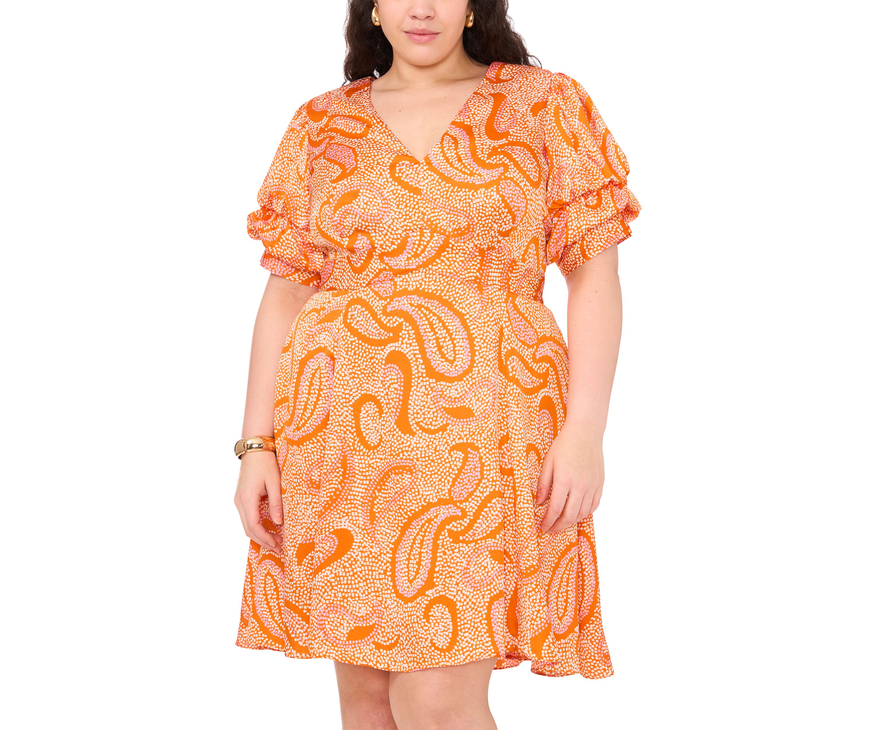 Plus Size Paisley Printed Puff Sleeve V-Neck Mini Dress