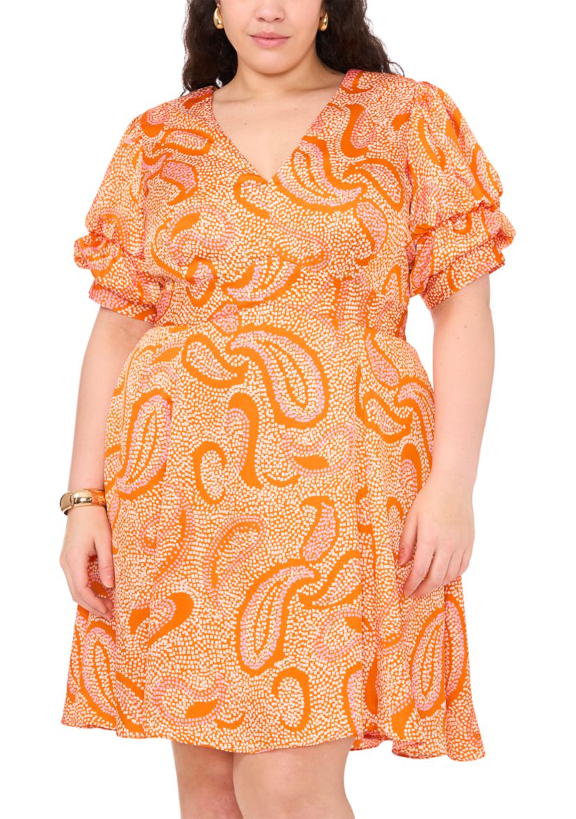 Plus Size Paisley Printed Puff Sleeve V-Neck Mini Dress