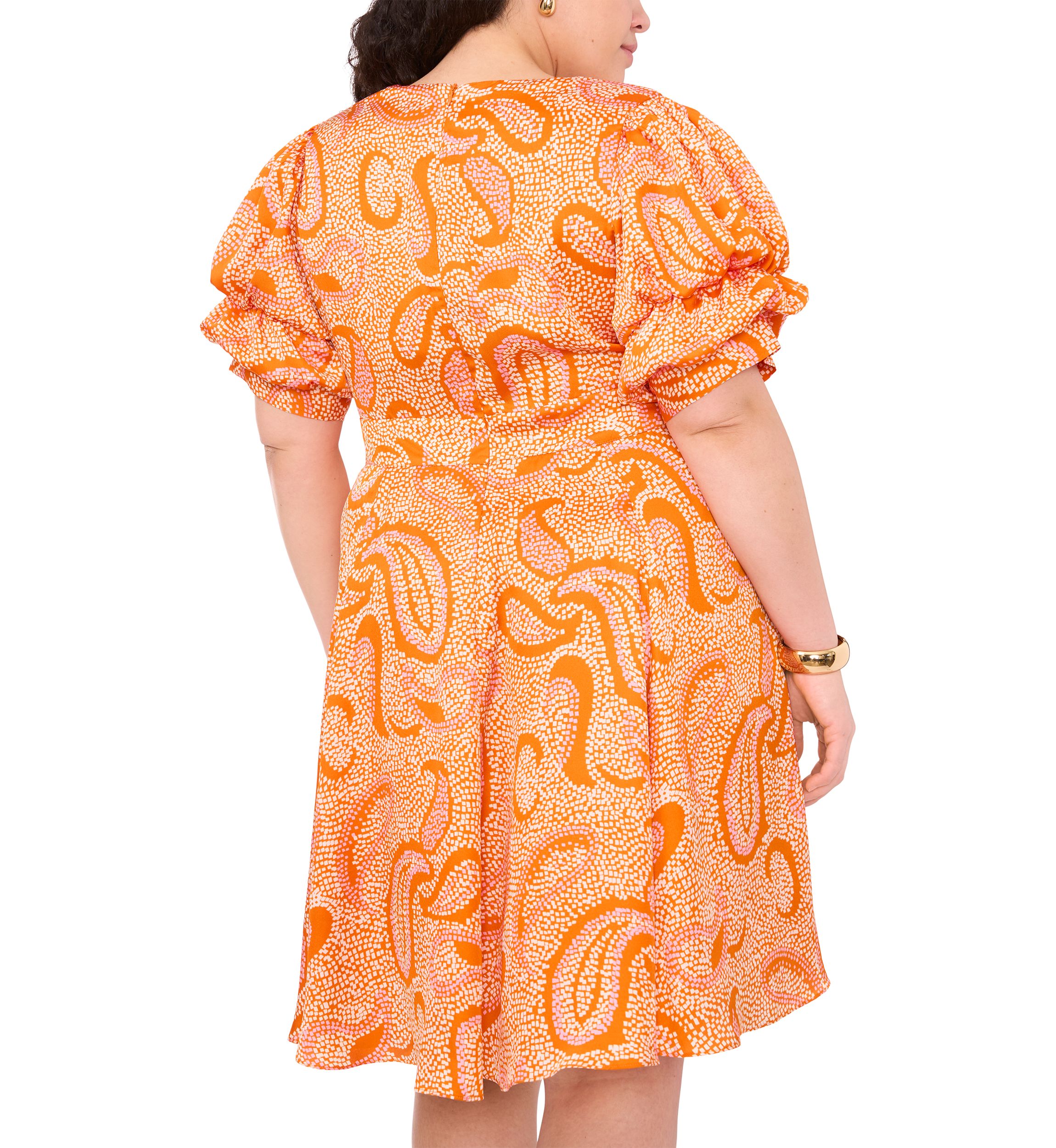 Plus Size Paisley Printed Puff Sleeve V-Neck Mini Dress