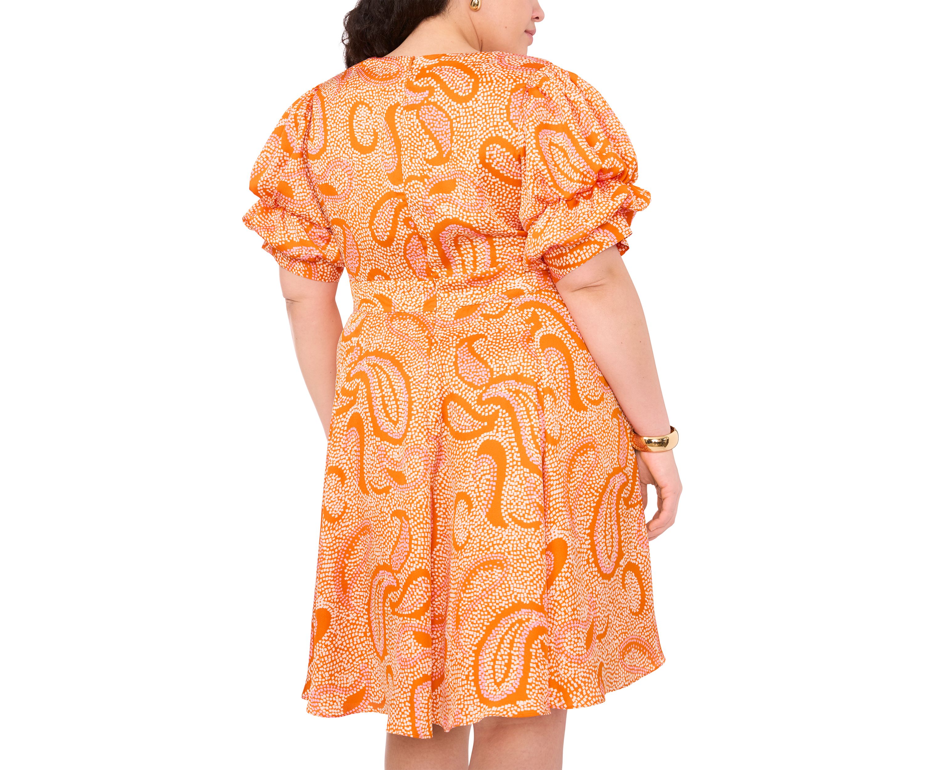 Plus Size Paisley Printed Puff Sleeve V-Neck Mini Dress