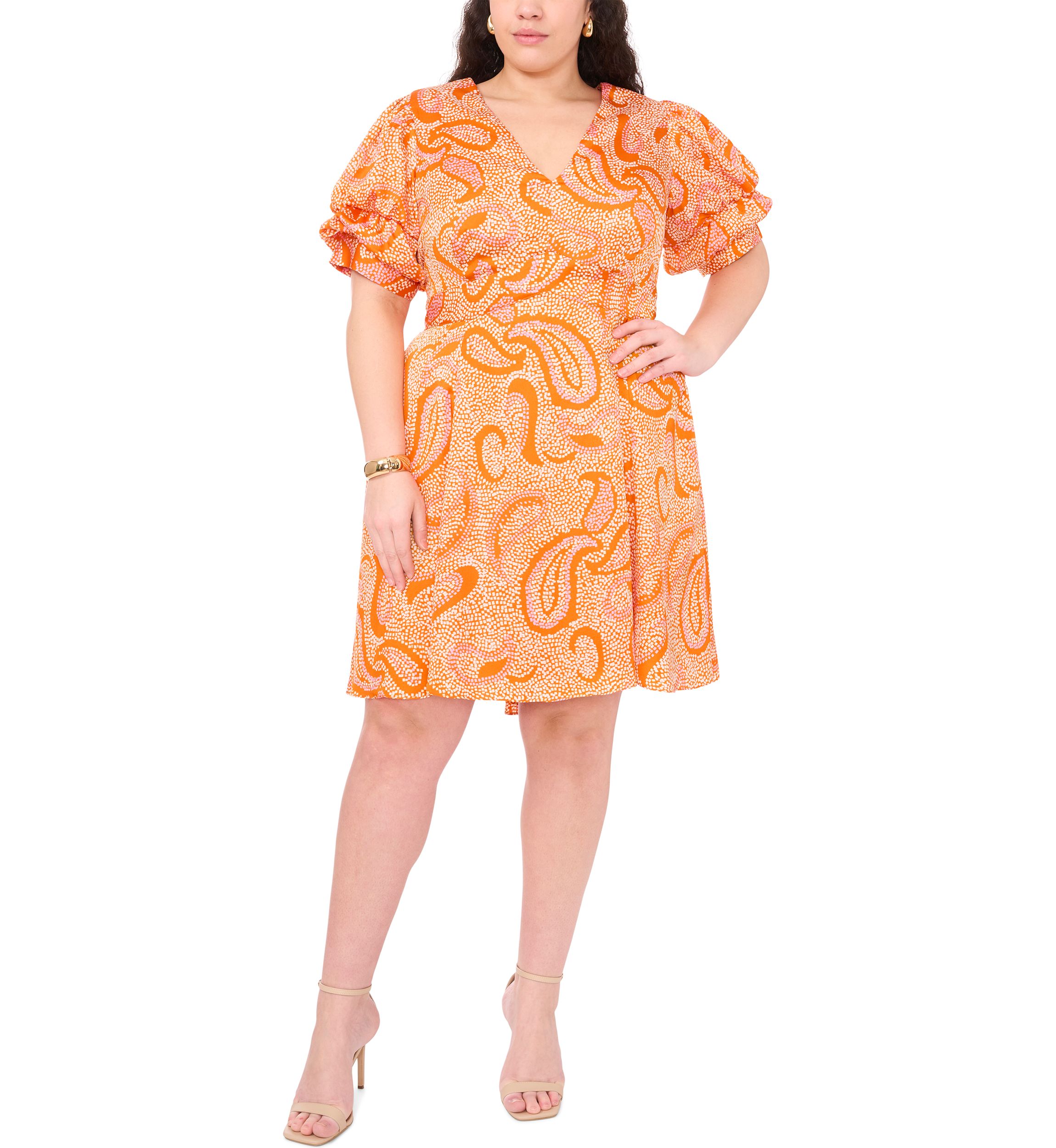 Plus Size Paisley Printed Puff Sleeve V-Neck Mini Dress