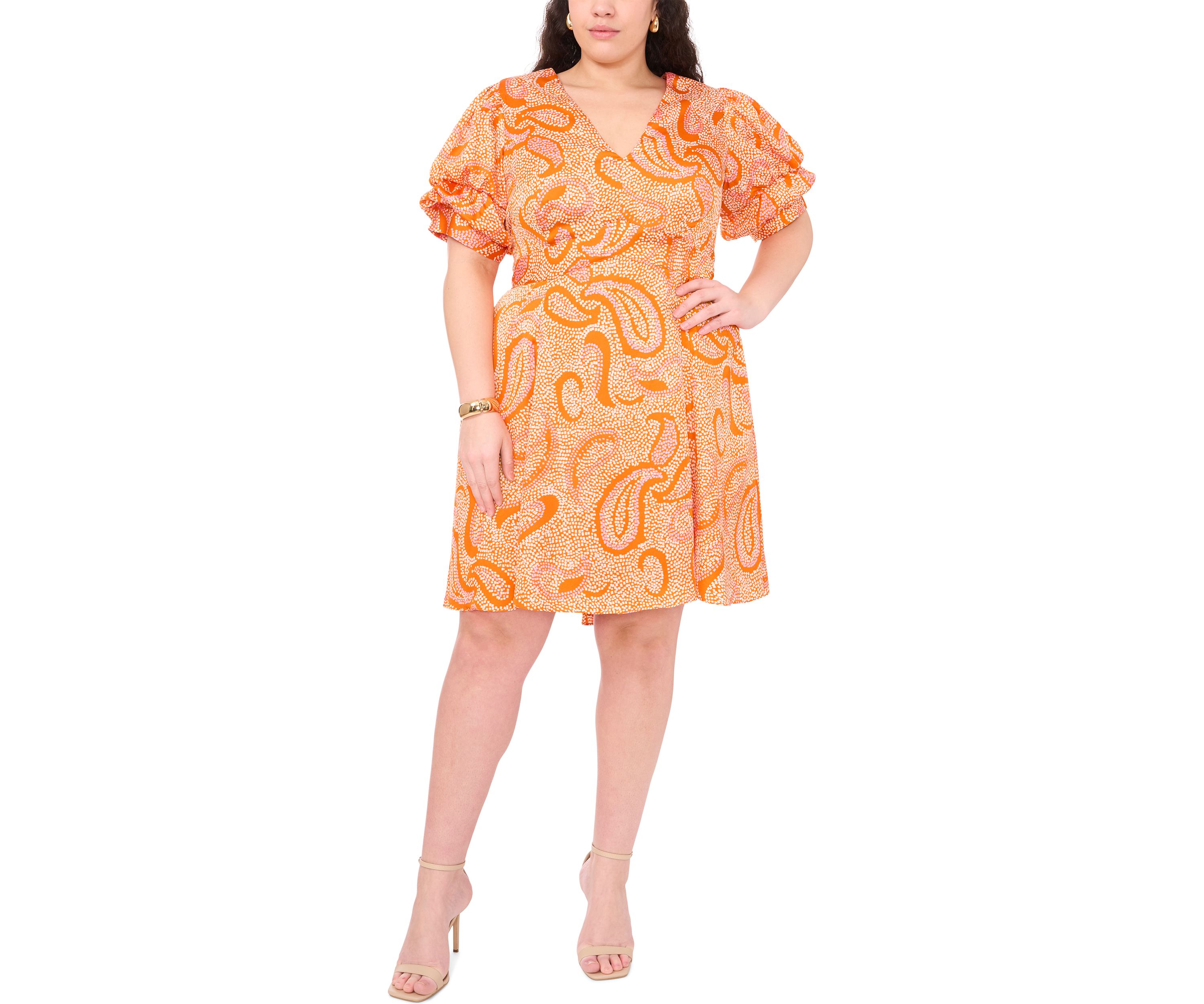 Plus Size Paisley Printed Puff Sleeve V-Neck Mini Dress