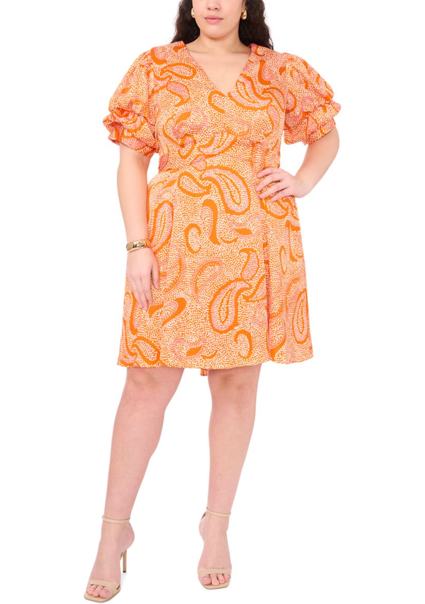 Plus Size Paisley Printed Puff Sleeve V-Neck Mini Dress