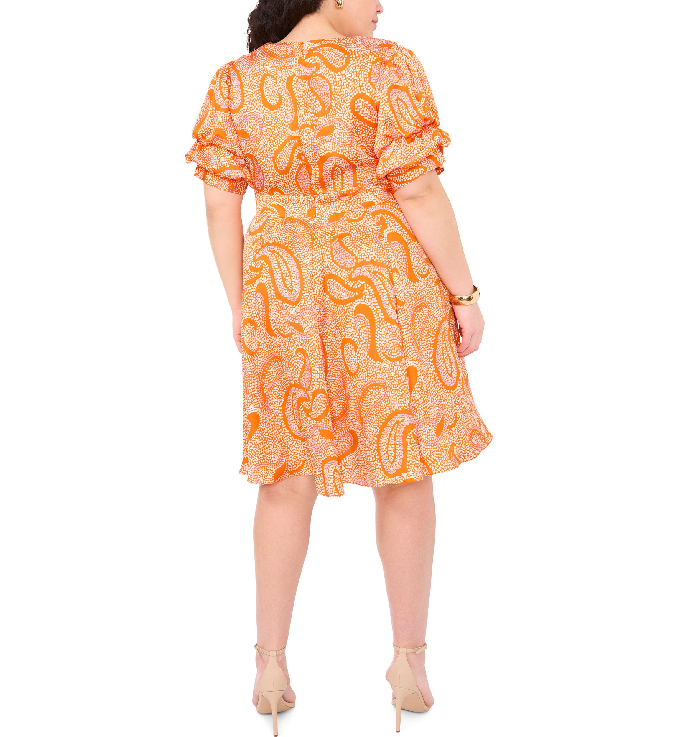 Plus Size Paisley Printed Puff Sleeve V-Neck Mini Dress