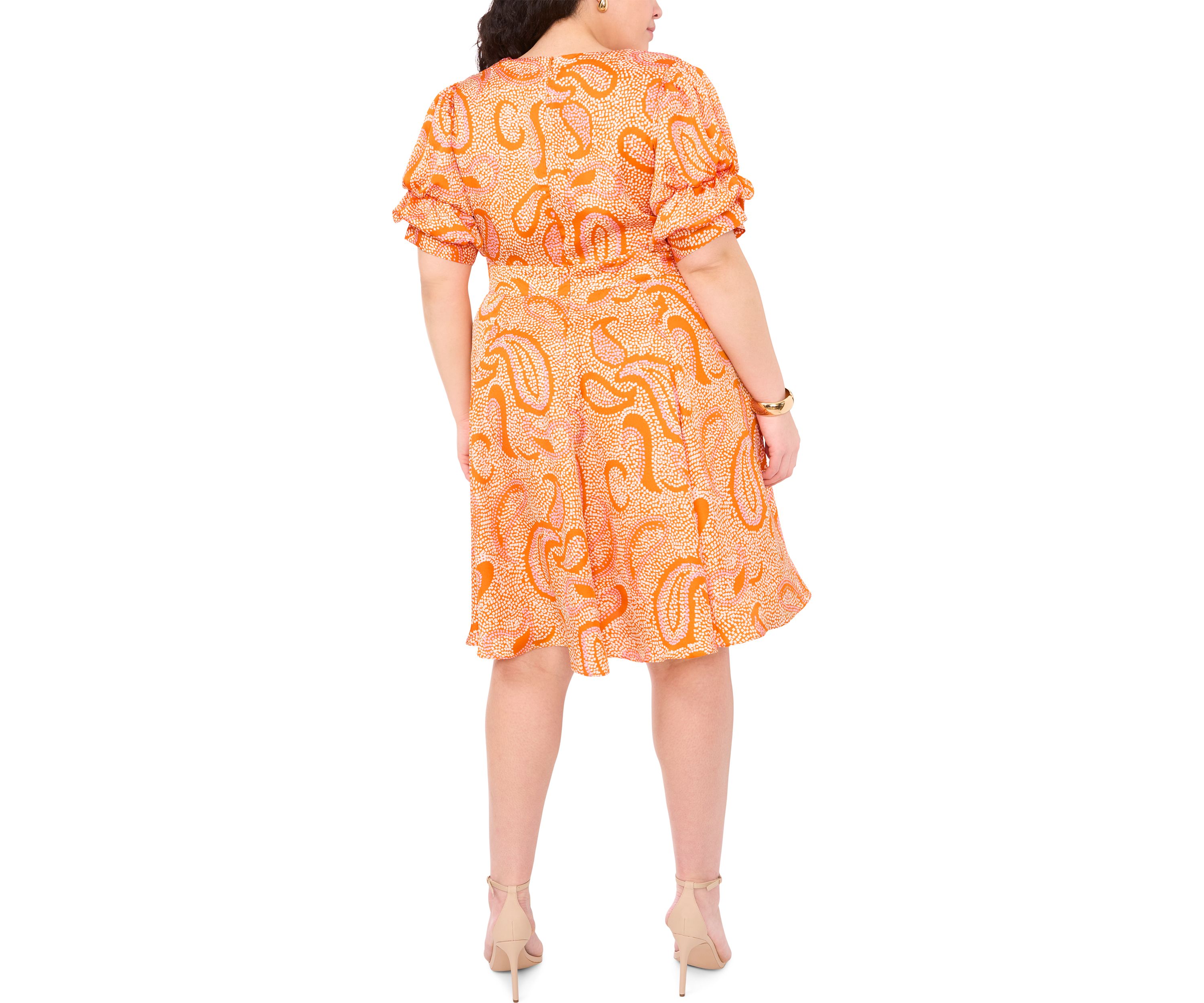 Plus Size Paisley Printed Puff Sleeve V-Neck Mini Dress