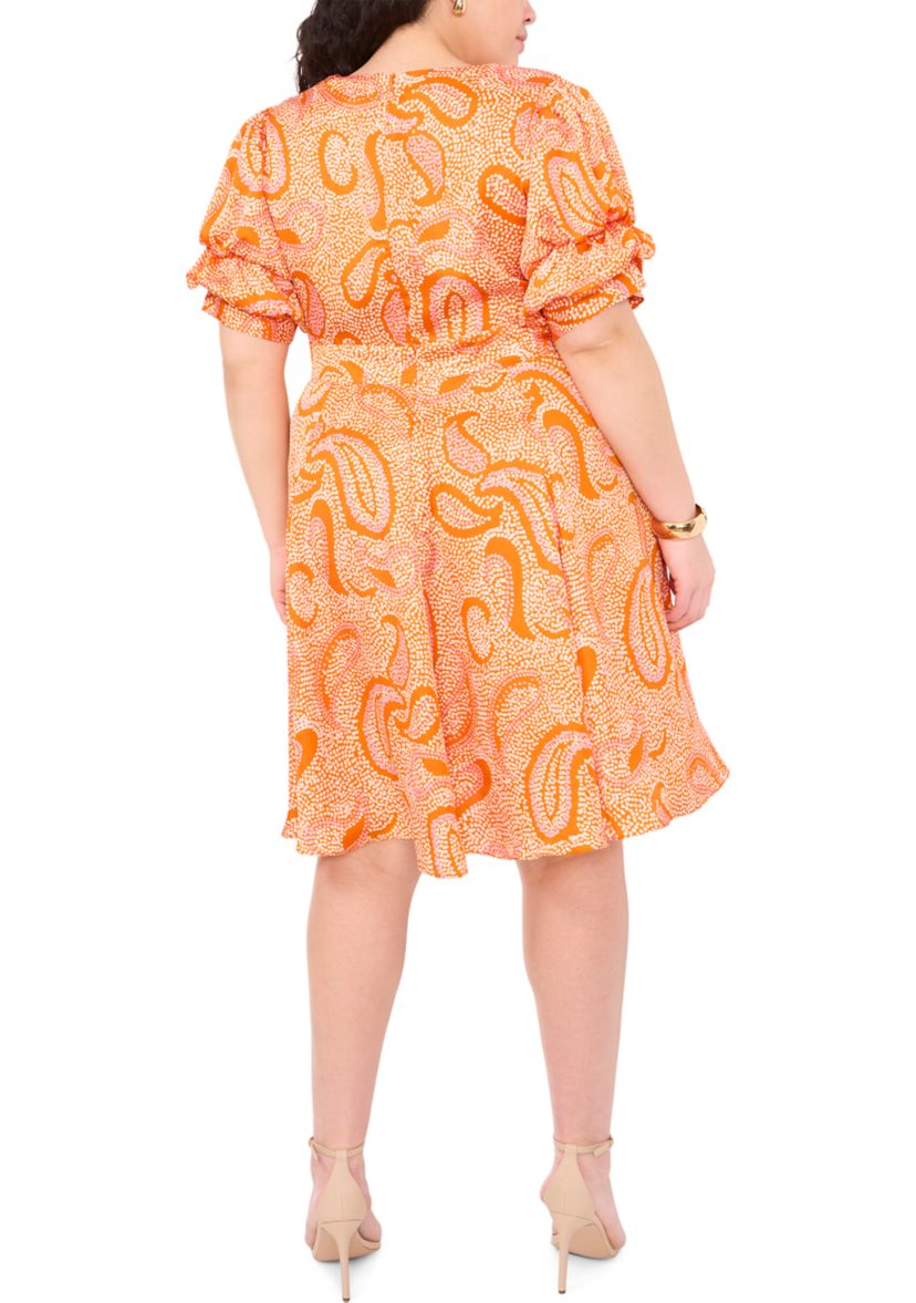 Plus Size Paisley Printed Puff Sleeve V-Neck Mini Dress