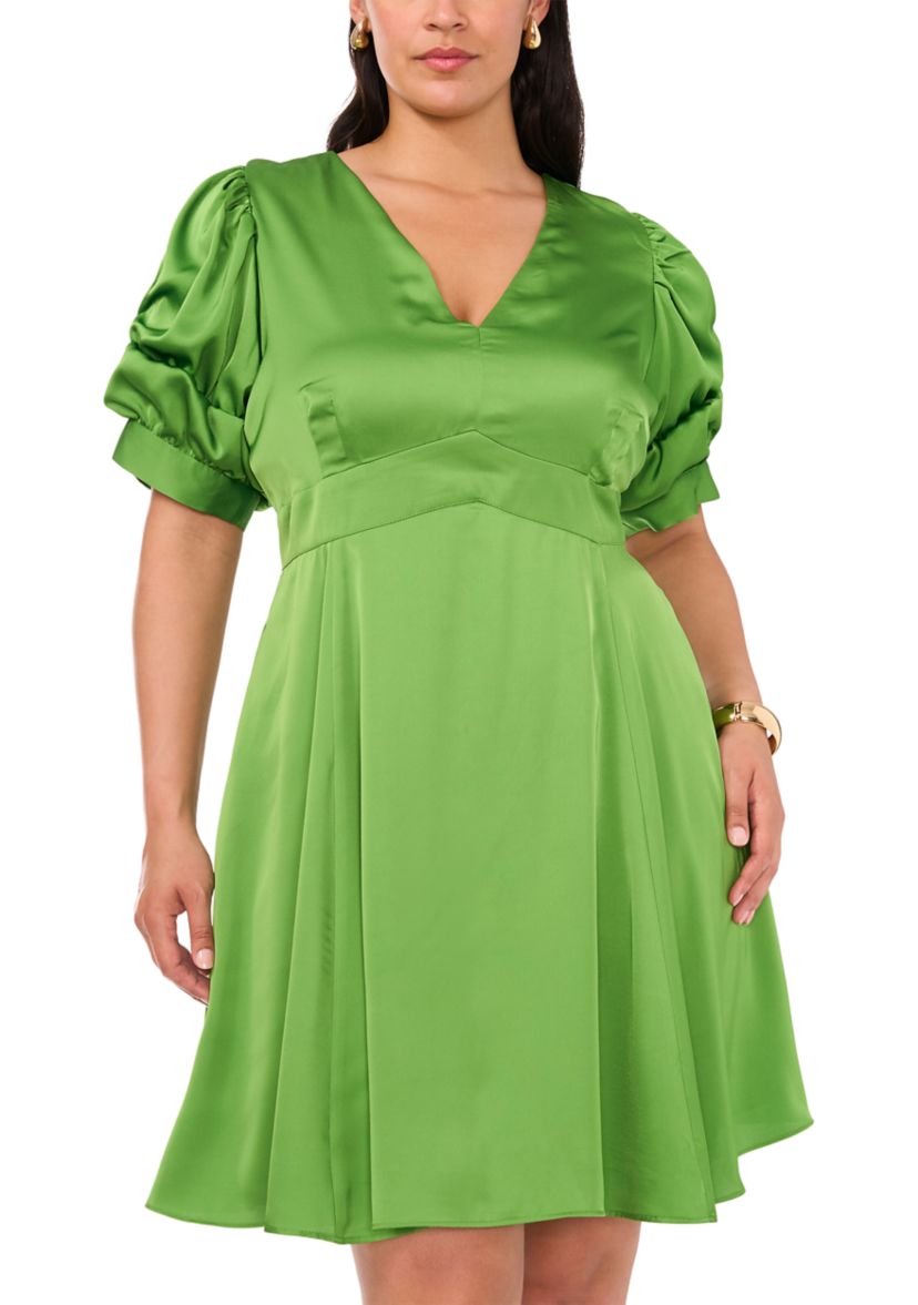 Plus Size Puff Sleeve V-Neck Mini Dress