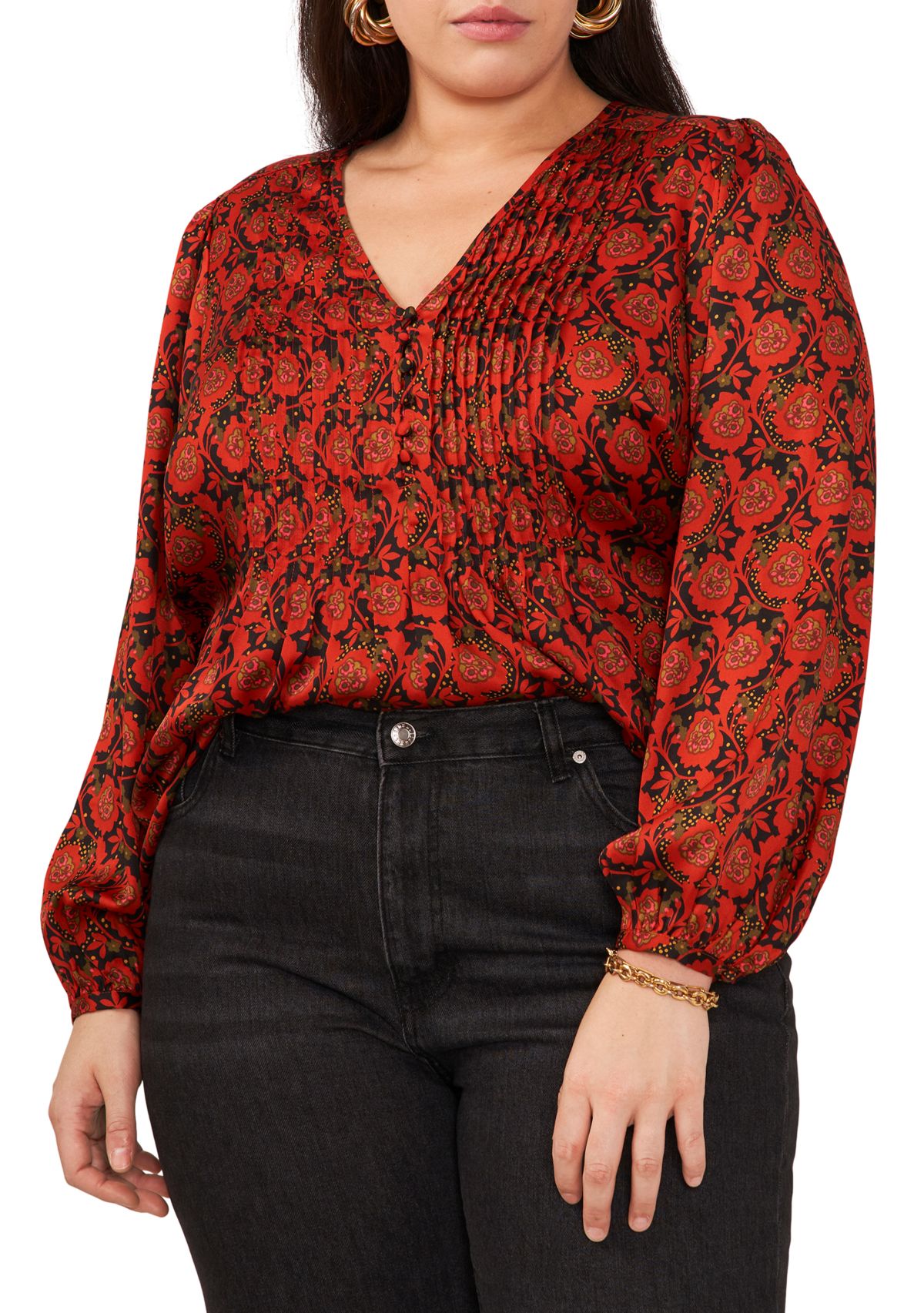 Plus Size Puff Sleeve Batik Print Top