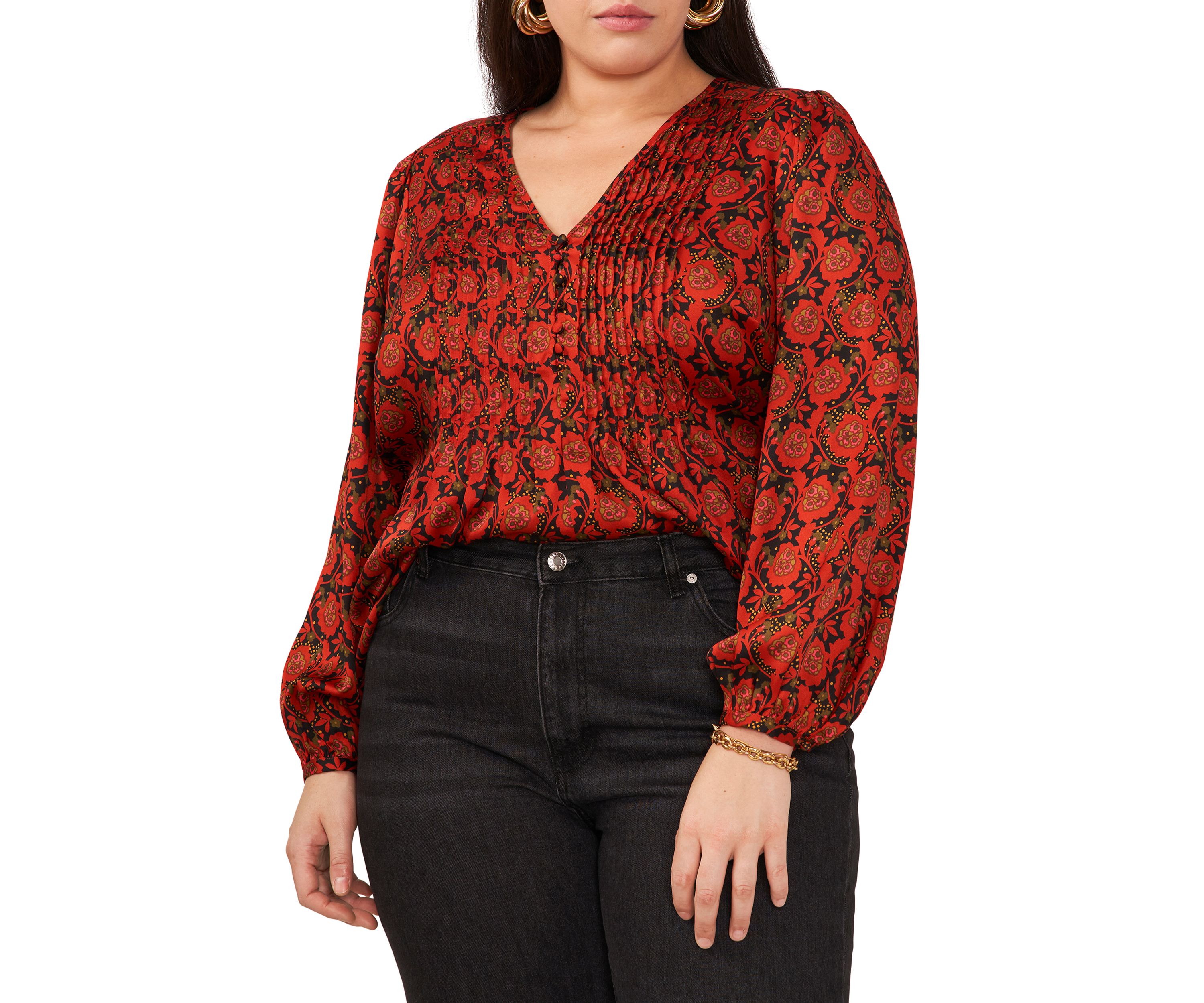 Plus Size Puff Sleeve Batik Print Top