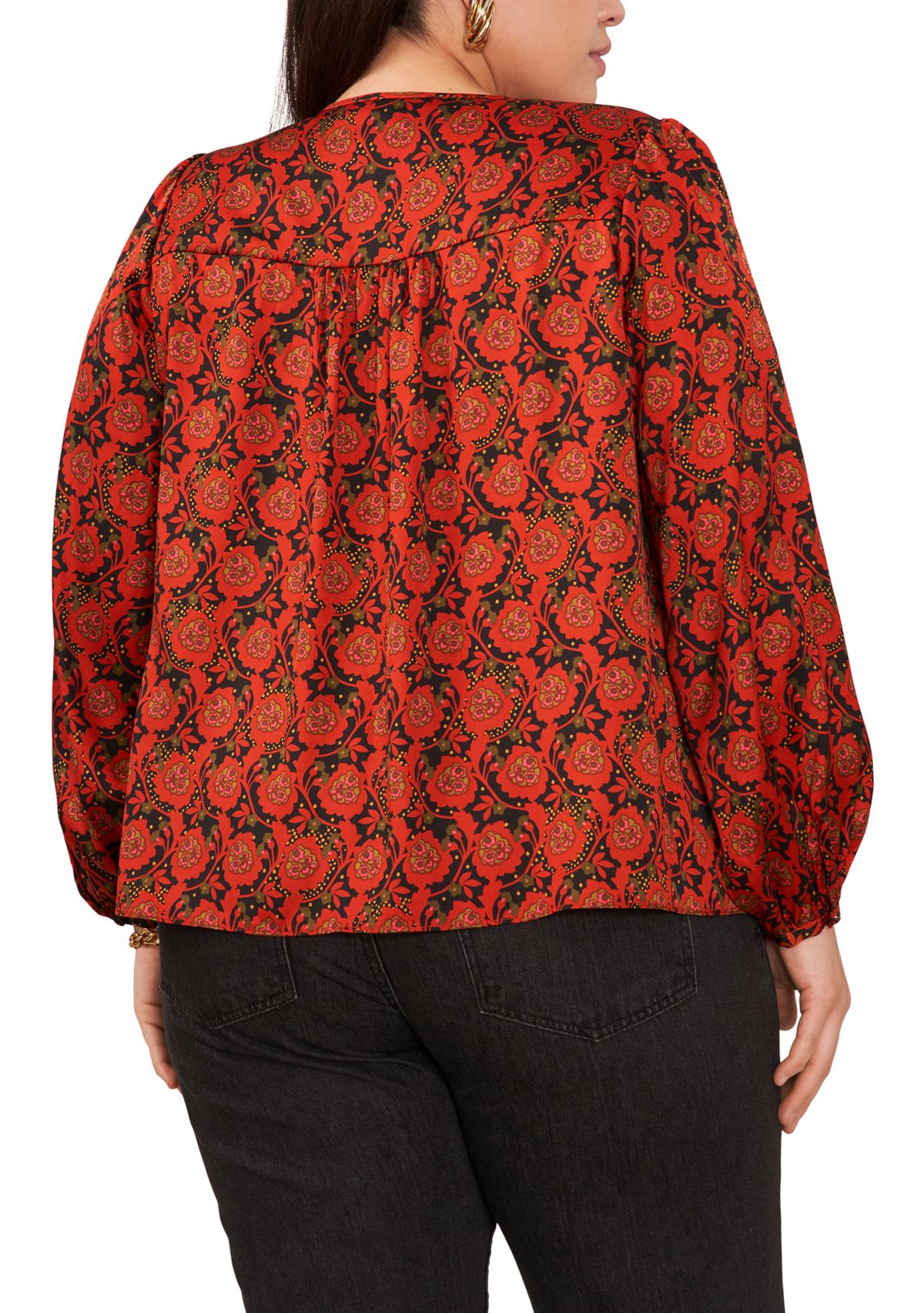 Plus Size Puff Sleeve Batik Print Top