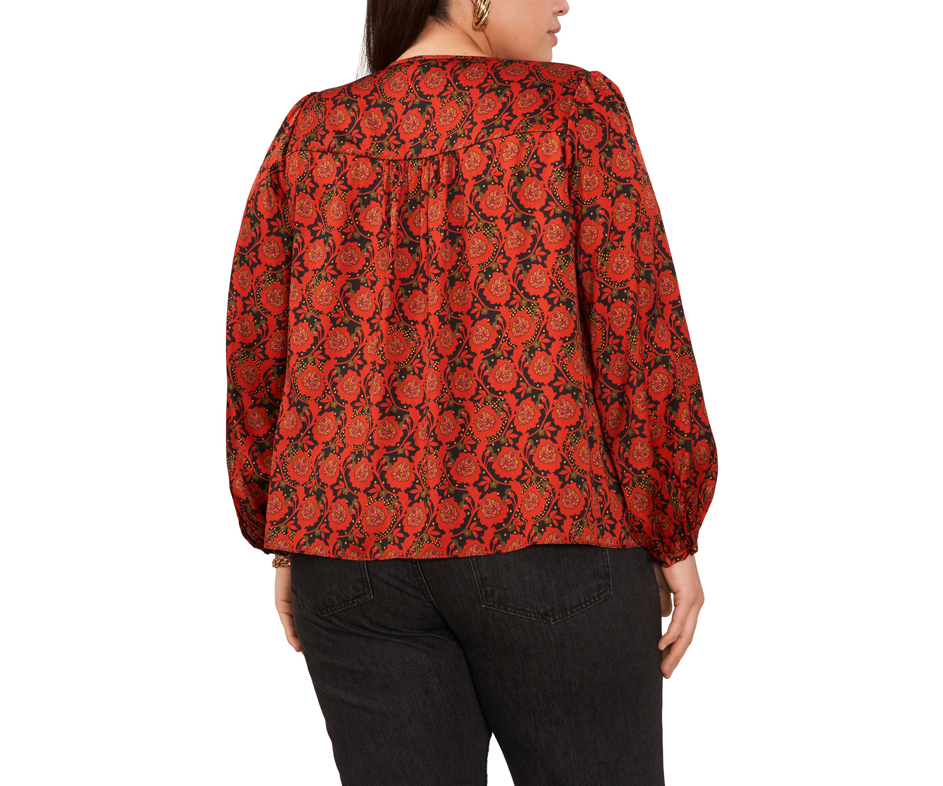 Plus Size Puff Sleeve Batik Print Top