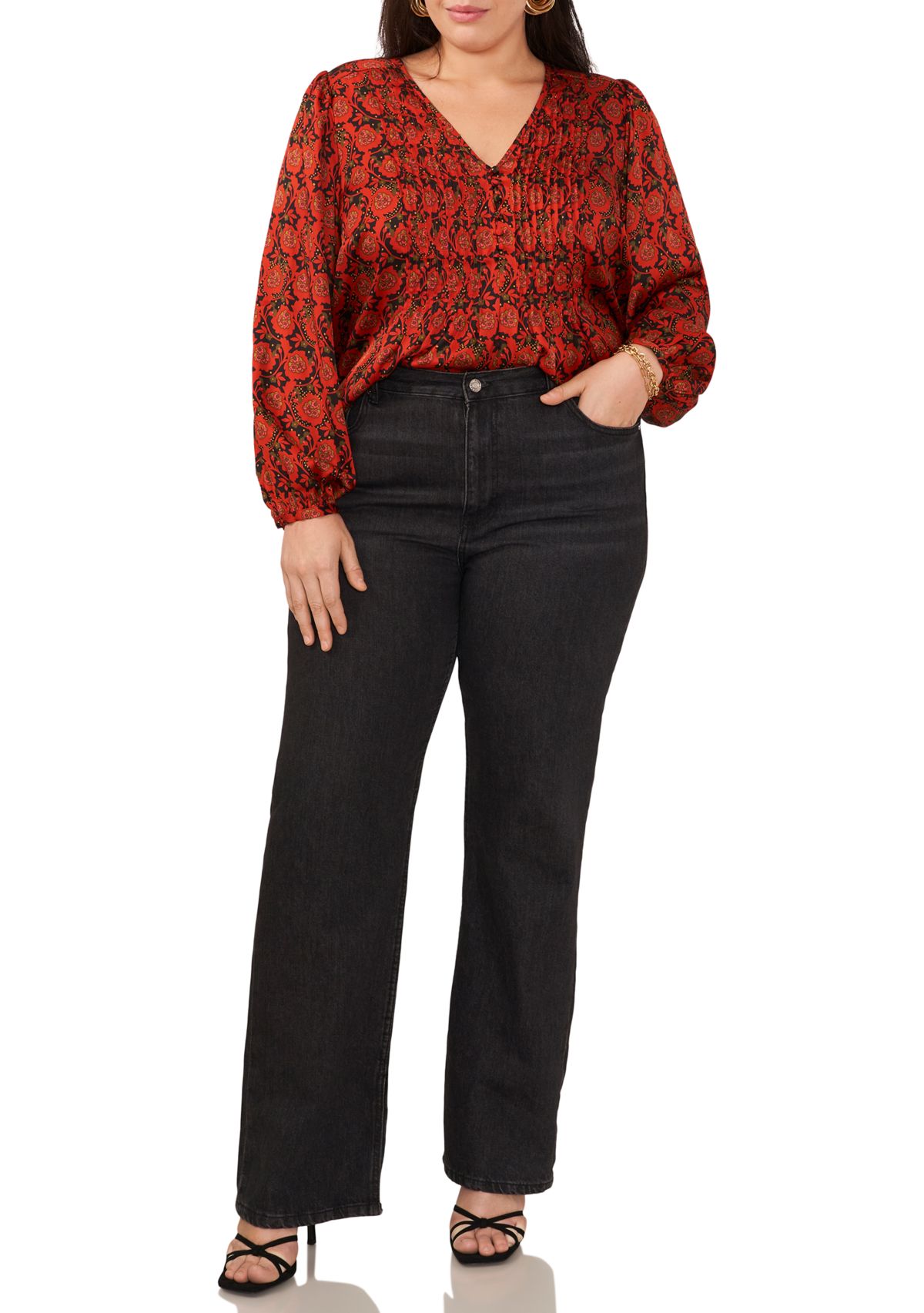 Plus Size Puff Sleeve Batik Print Top