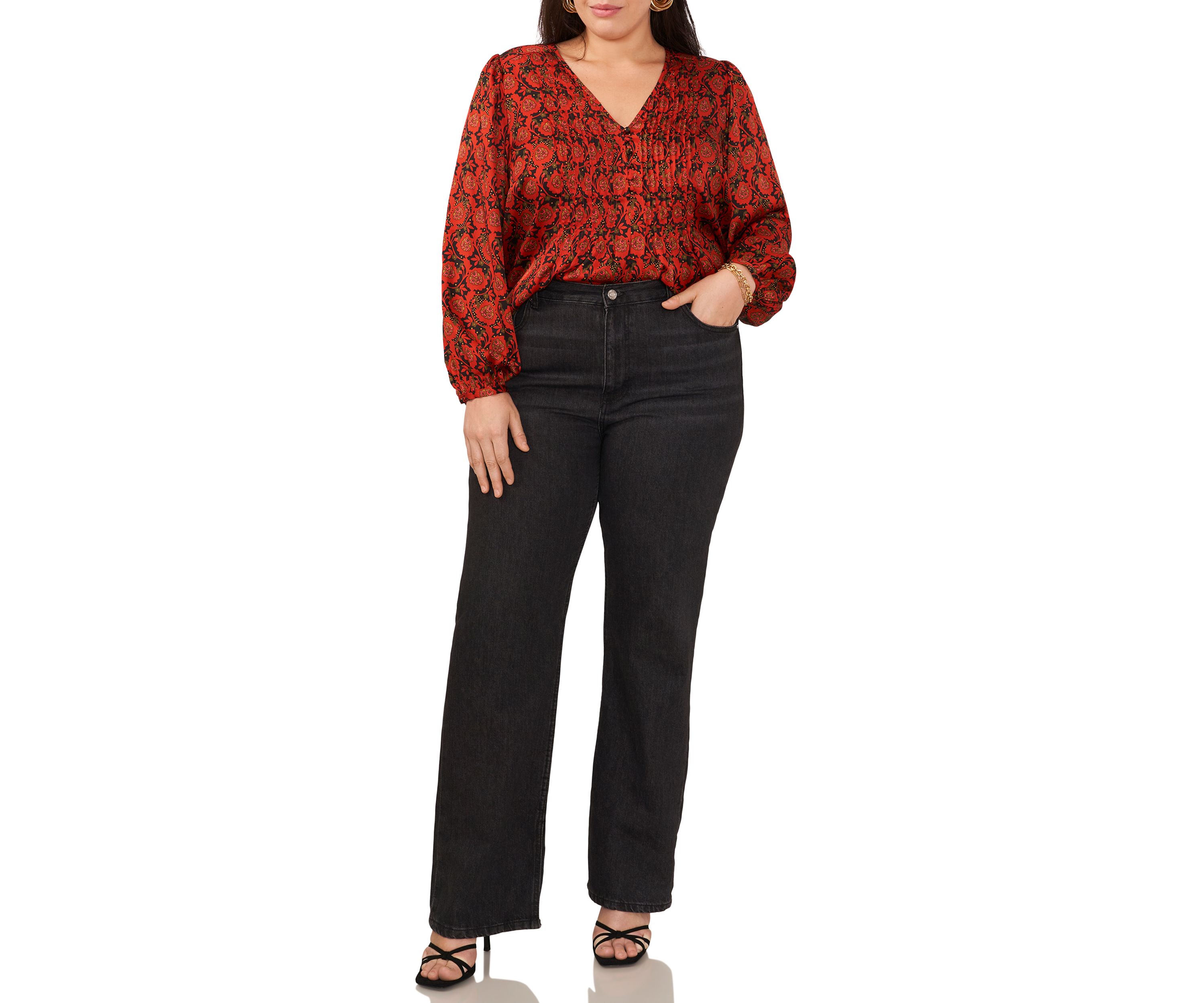 Plus Size Puff Sleeve Batik Print Top