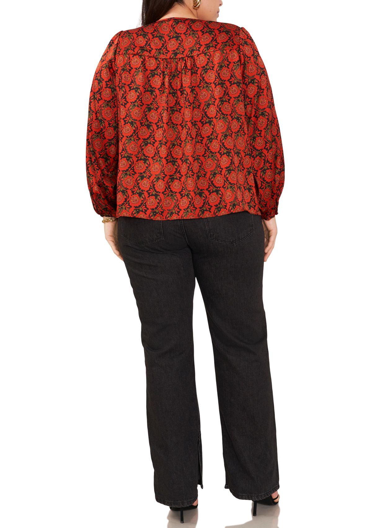 Plus Size Puff Sleeve Batik Print Top