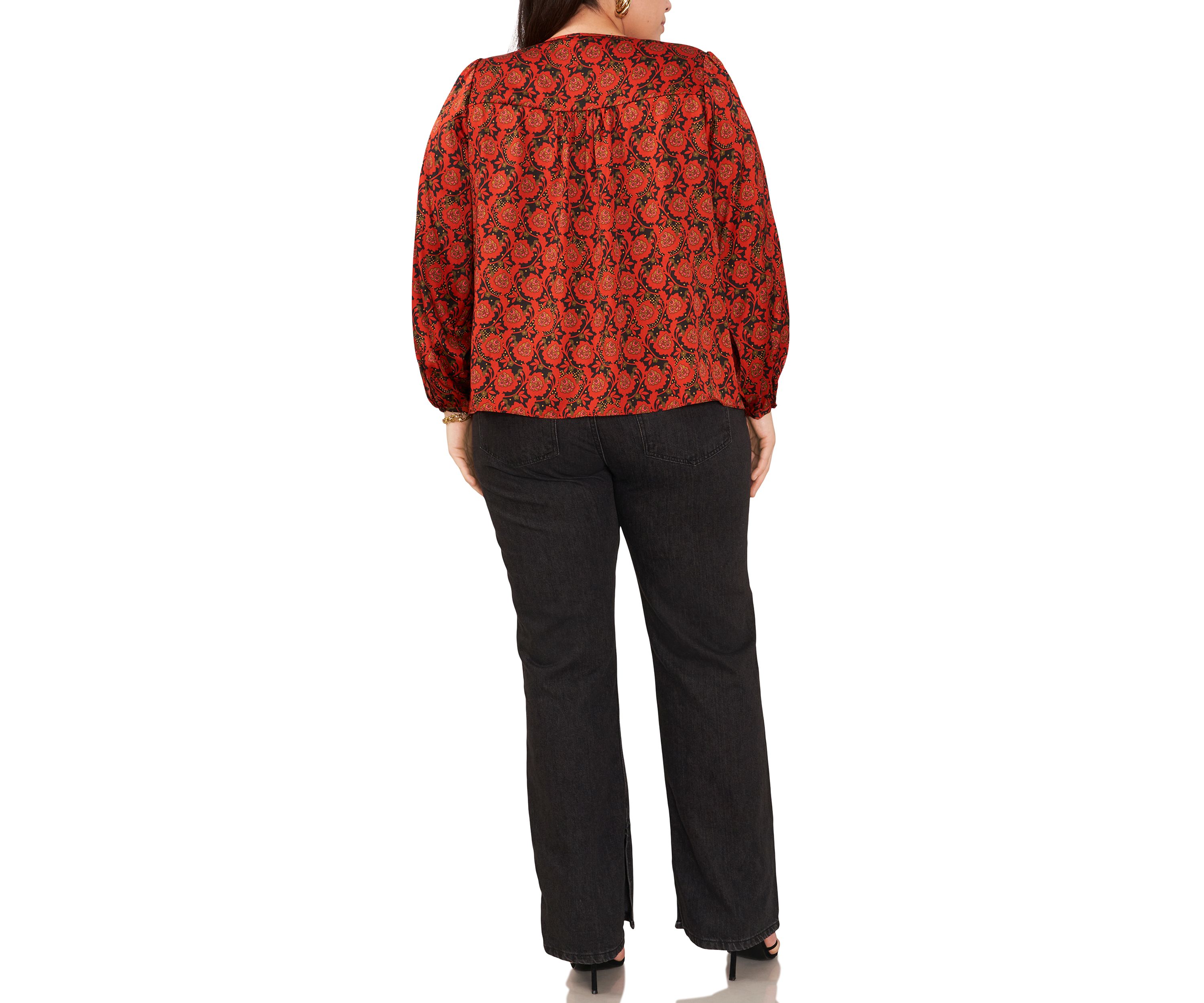 Plus Size Puff Sleeve Batik Print Top