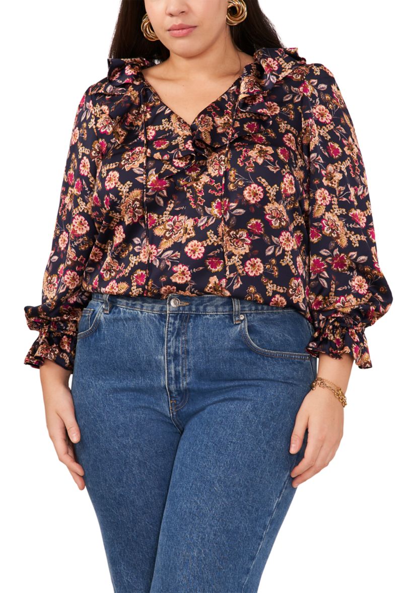 Plus Size Cascade Ruffle Tie Front Blouse